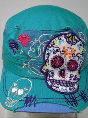 Teal Embroidered Sugar Skull Cap